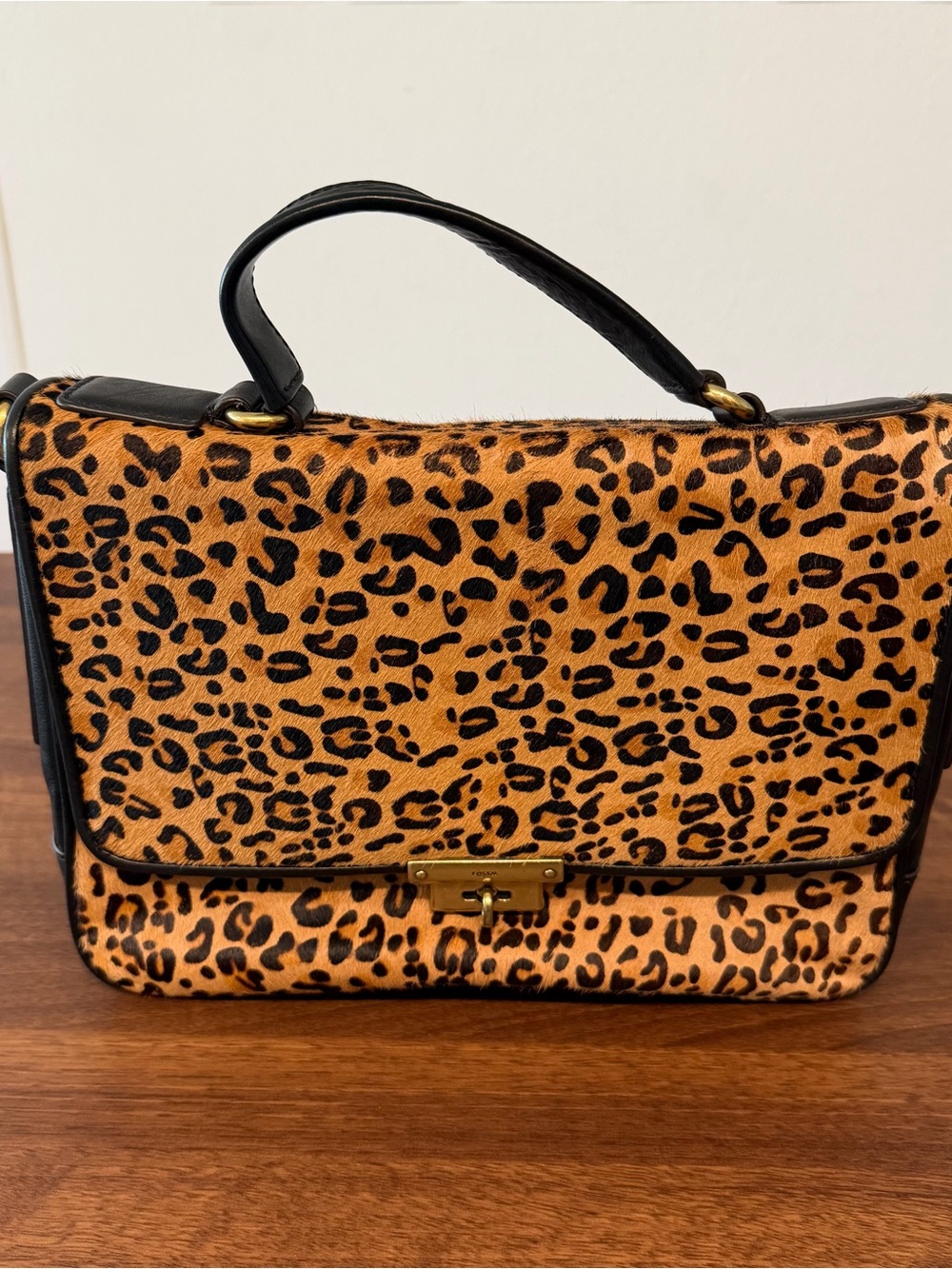 Vintage Fossil Leopard-Print Top Handle Satchel with Black Leather